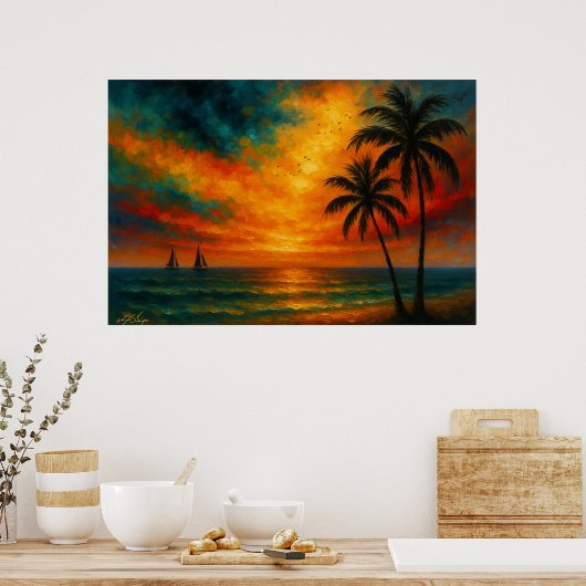 Tropical Sunset with Sailboats Poster (Keuken)