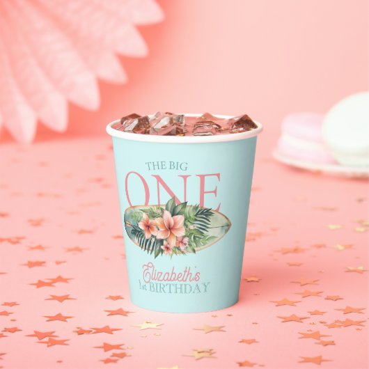 Tropical Surf Board The Big One 1e Verjaardag Papieren Bekers (Insitu)