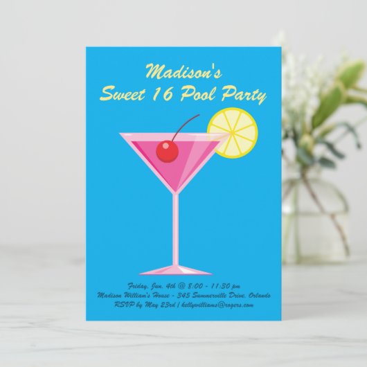 Tropical Sweet 16 Pool Party Uitnodiging (Staand voorkant)