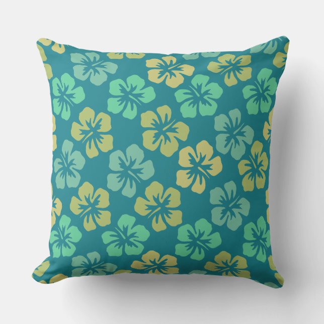 Tropical Teal Hibiscus Flower Pattern Buitenkussen (Voorkant)