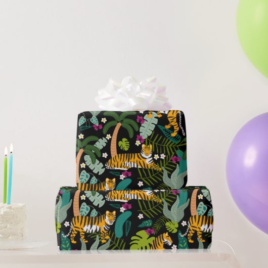 Tropical Tiger Black Botanical Jungle Safari Cats Cadeaupapier (Feestgeschenken)