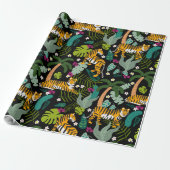 Tropical Tiger Black Botanical Jungle Safari Cats Cadeaupapier (Uitgerold)