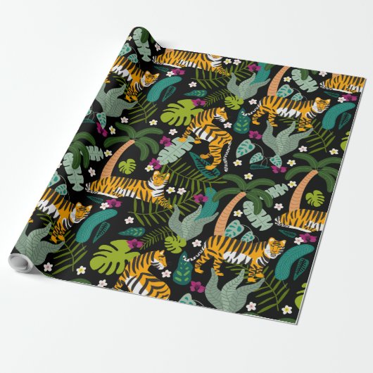 Tropical Tiger Black Botanical Jungle Safari Cats Cadeaupapier (Uitgerold)