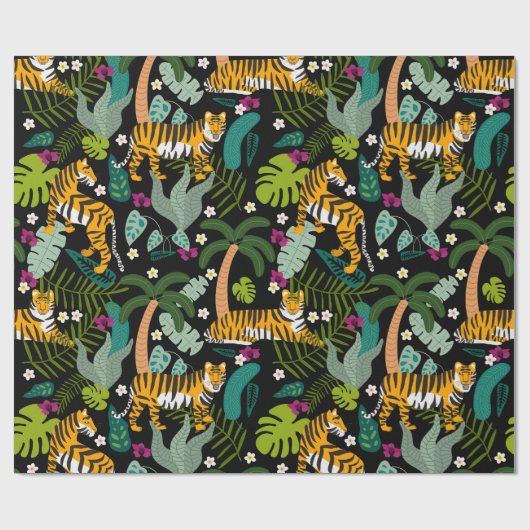 Tropical Tiger Black Botanical Jungle Safari Cats Cadeaupapier (Vlak)