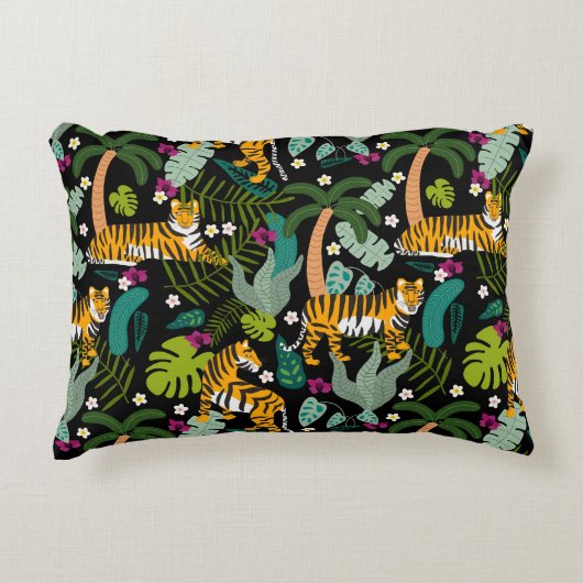 Tropical Tiger Black Botanical Oerwoud Safari Cats Accent Kussen (Voorkant)
