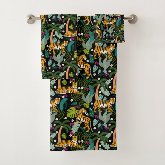 Tropical Tiger Black Botanical Oerwoud Safari Cats Bad Handdoek (Insitu)