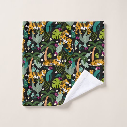 Tropical Tiger Black Botanical Oerwoud Safari Cats Bad Handdoek (Wasdoekje)