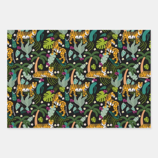 Tropical Tiger Black Botanical Oerwoud Safari Cats Inpakpapier Vel (Voorkant)