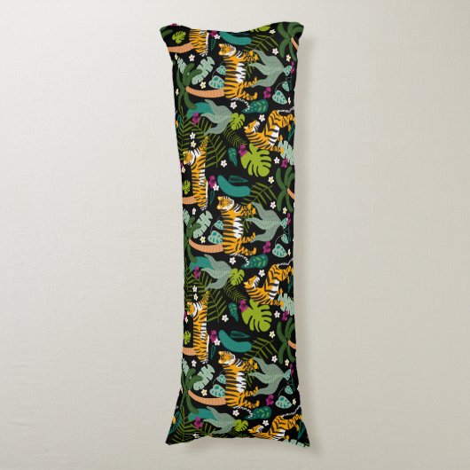 Tropical Tiger Black Botanical Oerwoud Safari Cats Lichaamskussen (Voorkant Verticaal)