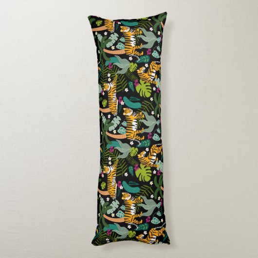 Tropical Tiger Black Botanical Oerwoud Safari Cats Lichaamskussen (Achterkant (Verticaal))