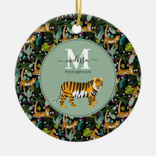 Tropical Tiger Black Botanical Oerwoud Safari Naam Keramisch Ornament