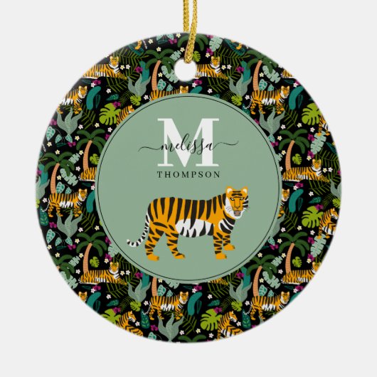 Tropical Tiger Black Botanical Oerwoud Safari Naam Keramisch Ornament (Voorkant)