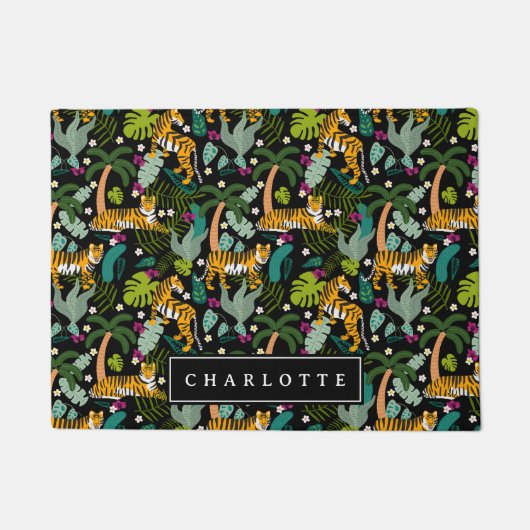 Tropical Tiger Zwarte Oerwoud Safari Katten Deurmat (Voorkant)