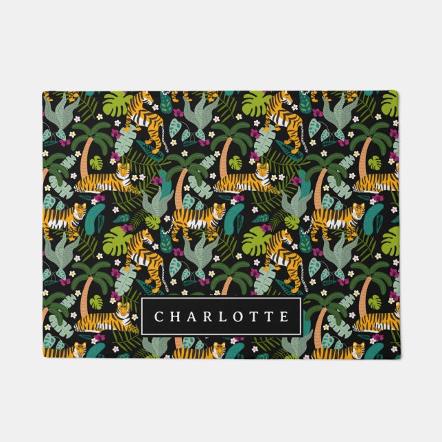 Tropical Tiger Zwarte Oerwoud Safari Katten Deurmat (Voorkant)