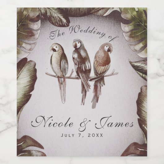  Tropical Tiki Birds Papegaaien Trouwwijn Wijn Etiket (Enkel label)