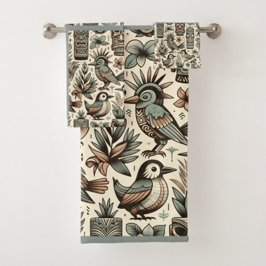  Tropical Tiki Masks en Birds Grey Green Bad Handdoek (Insitu)