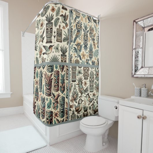  Tropical Tiki Masks en Birds Grey Green Douchegordijn (In situ)