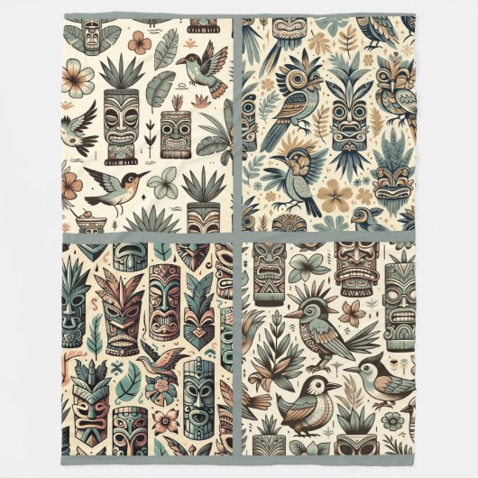  Tropical Tiki Masks en Birds Grey Green Fleece Deken (Voorkant)
