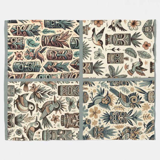  Tropical Tiki Masks en Birds Grey Green Fleece Deken (Voorkant (Horizontaal))