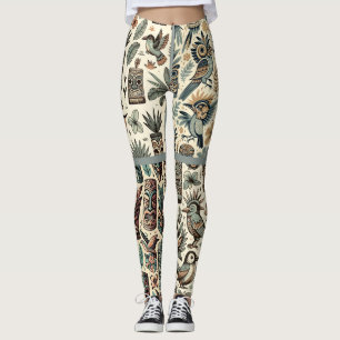  Tropical Tiki Masks en Birds Grey Green Leggings