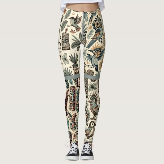  Tropical Tiki Masks en Birds Grey Green Leggings (Voorkant)