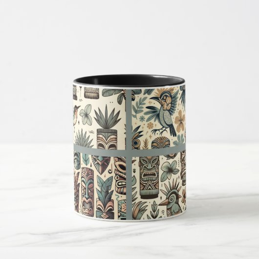  Tropical Tiki Masks en Birds Grey Green Mok (Midden)