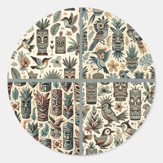  Tropical Tiki Masks en Birds Grey Green Ronde Sticker (Voorkant)