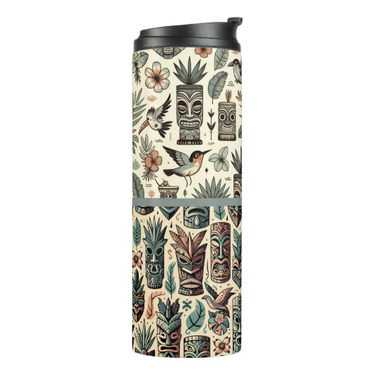 Tropical Tiki Masks en Birds Grey Green Thermosbeker (Gedraaid links)