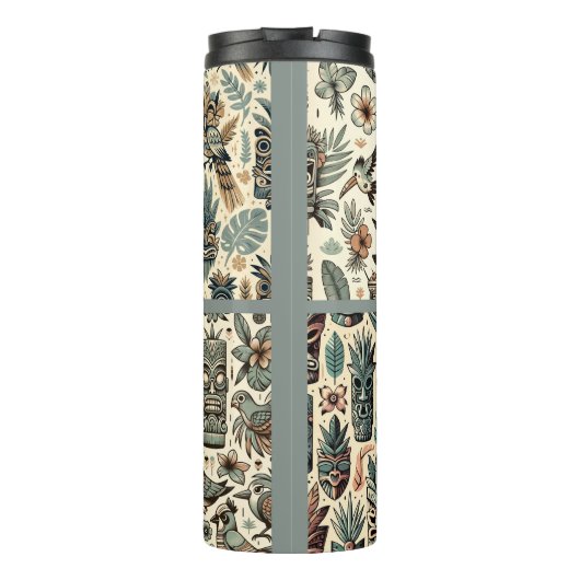 Tropical Tiki Masks en Birds Grey Green Thermosbeker (Achterkant)