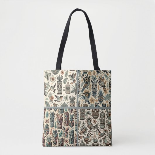  Tropical Tiki Masks en Birds Grey Green Tote Bag (Voorkant)