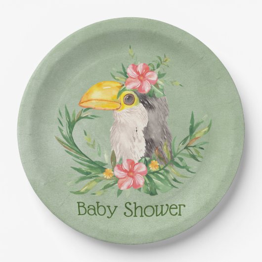 Tropical Toucan Bird Floral Baby shower Papieren Bordje (Voorkant)