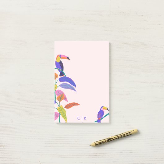 Tropical Toucan Bright Neon Monogram Blush Pink Post-it® Notes (Op bureau)