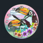 Tropical Toucans  Ronde Klok<br><div class="desc">Tropical Toucans clock by ArtMuvz Illustration. Matching toucans apparel and beach gifts. To personalize  add your name or add text instead. Customize this  Toucan clock to make it uniquely yours or to give as a personalized gift</div>