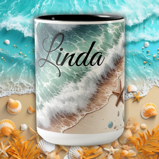 Tropical Vibrant Sand Beach Gepersonaliseerde naam Tweekleurige Koffiemok
