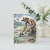 Tropical Village Life: Man Catching Crabs in Rain Briefkaart (Staand voorkant)
