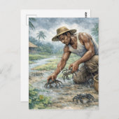 Tropical Village Life: Man Catching Crabs in Rain Briefkaart (Voorkant / Achterkant)
