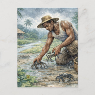 Tropical Village Life: Man Catching Crabs in Rain Briefkaart