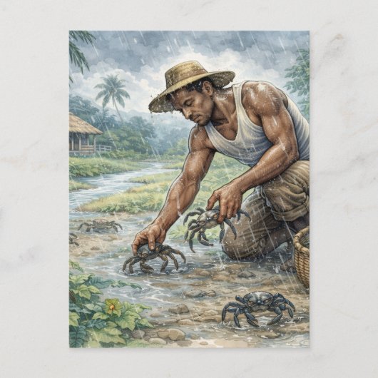 Tropical Village Life: Man Catching Crabs in Rain Briefkaart (Voorkant)