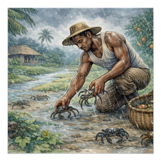 Tropical Village Life: Man Catching Crabs in Rain Perfect Poster (Voorkant)