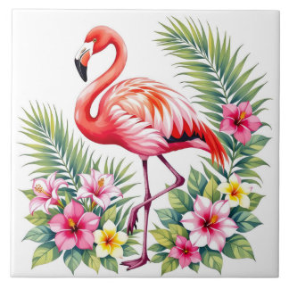 Tropical Watercolor Pink Flamingo Floral Hawaiian Tegeltje