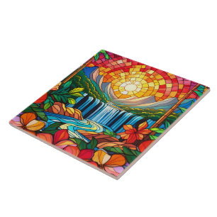 Tropical Waterfall Glas in lood Art Tegeltje