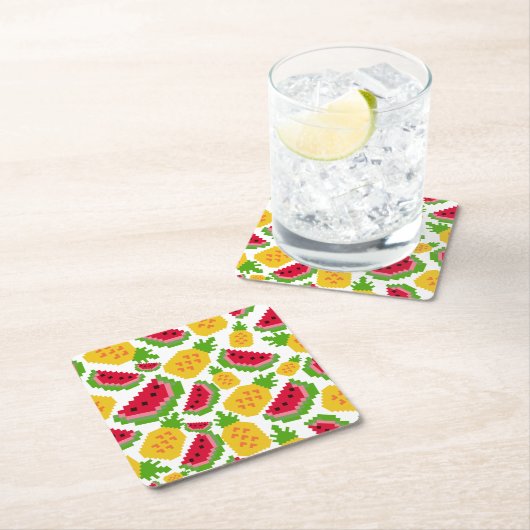 Tropical Watermelon and Pineapple Pixel Pattern Kartonnen Onderzetters (Insitu)