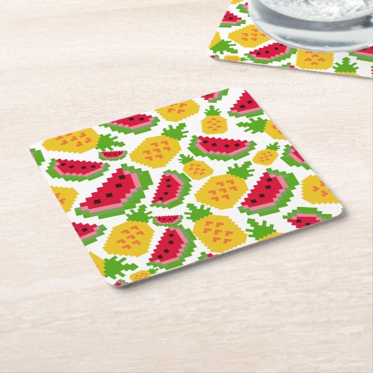 Tropical Watermelon and Pineapple Pixel Pattern Kartonnen Onderzetters (Schuin)