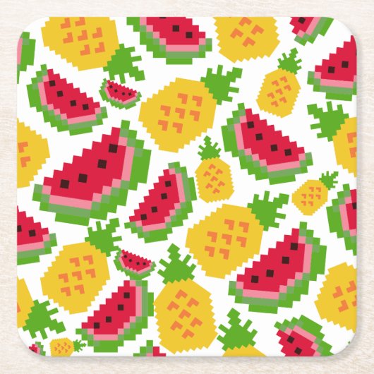 Tropical Watermelon and Pineapple Pixel Pattern Kartonnen Onderzetters (Voorkant)