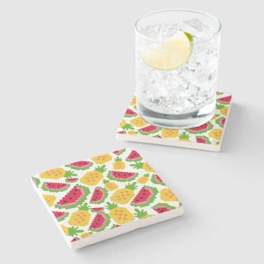 Tropical Watermelon and Pineapple Pixel Pattern Stenen Onderzetter (Zijkant)