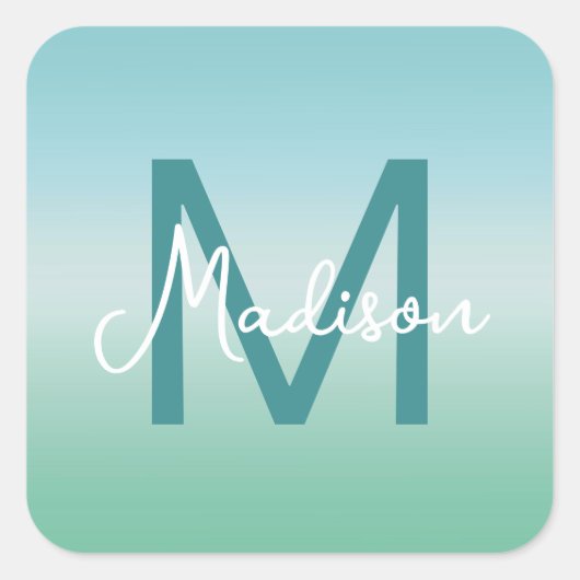 Tropical Waters Gradient Monogram Name Vierkante Sticker (Voorkant)
