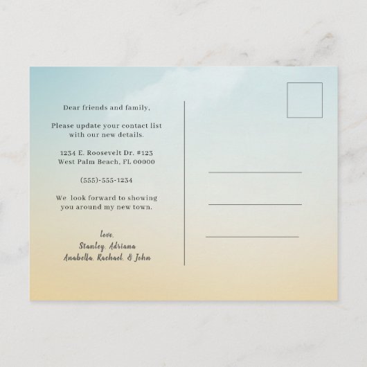 Tropical We hebben Palm Leaves verplaatst Nieuw ad Aankondigingskaart (Achterkant)