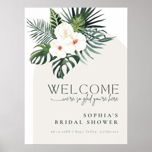 Tropical White Floral Arch Bridal Shower Welcome Poster (Voorkant)