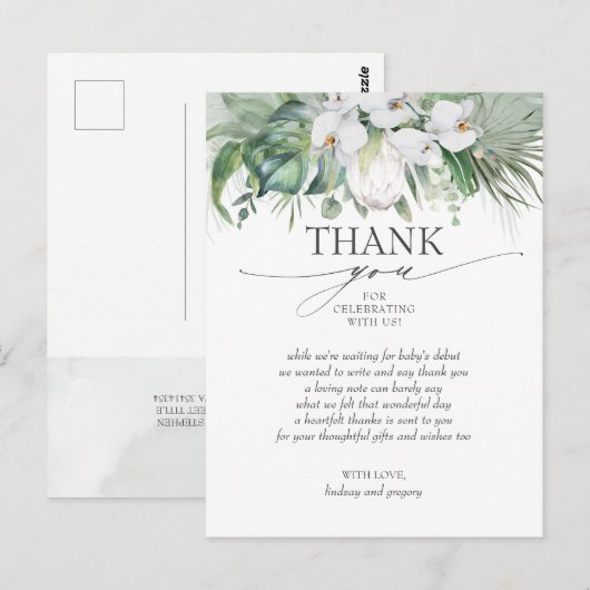 Tropical White King Protea Baby shower Dank u Briefkaart (Voorkant / Achterkant)