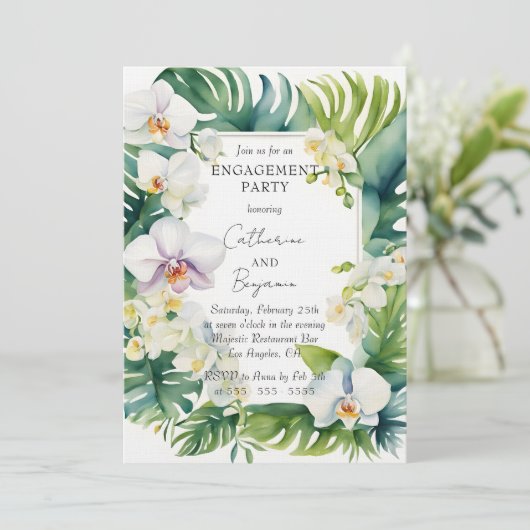 Tropical White Orchid & Greenery Engagement Party Kaart (Staand voorkant)